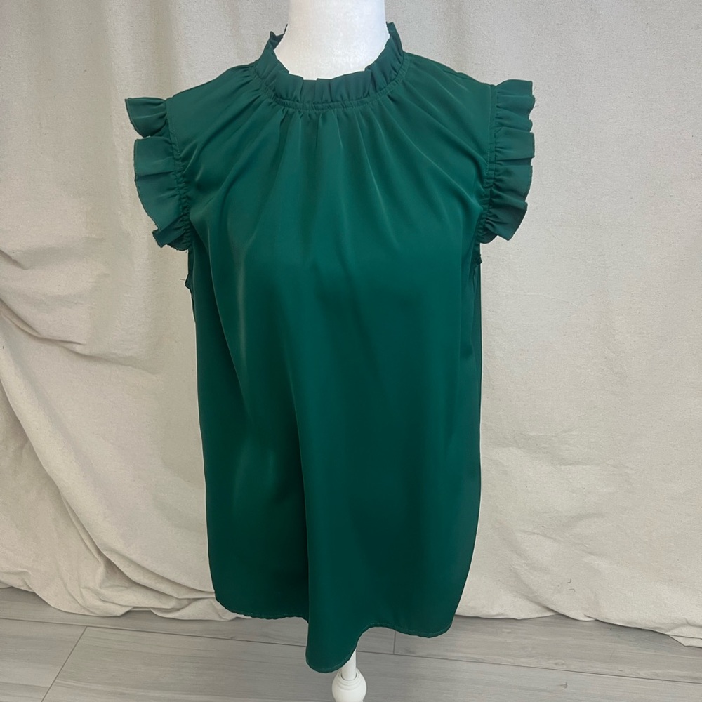 Ruffled Sleeve Mock Neck Women's Top in Emerald Green